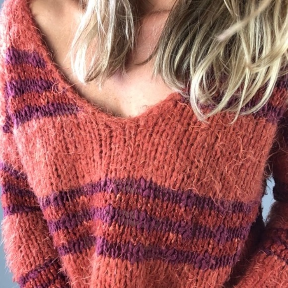 Free People Cotton Wool Blend Rust Stripe V Neck Oversized Fuzzy Sweater S - Picture 12 of 12